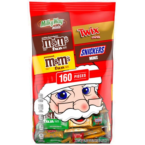 Mars M&M'S Milk Chocolate, M&M'S Peanut, SNICKERS, TWIX, & MILKY WAY Fun Size and Mini Chocolate Christmas Candy Individually Wrapped Stock Stuffers Holiday Variety Pack, 160 Piece Bulk Bag