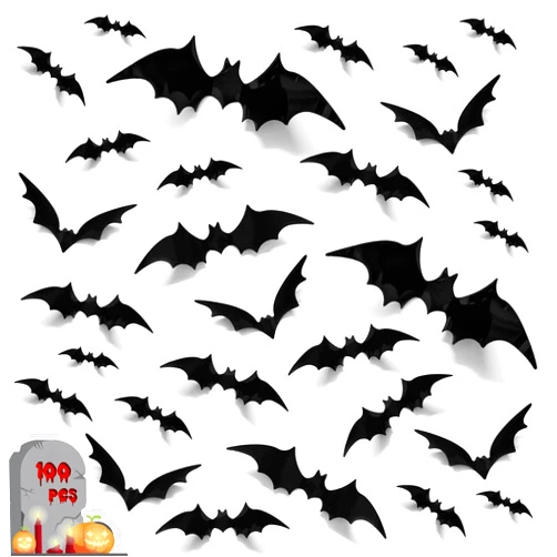 Dayify Bats Halloween Decorations, 100Pcs 3D Bats Wall Decor, 6 Sizes PVC Bat Stickers Halloween Party Supplies for DIY Home Window Wall Decals Indoor Room Bathroom Door Decor with Double-Sided Foam Tape