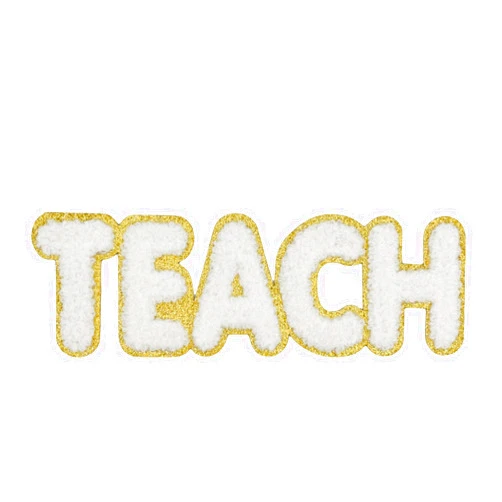 FEIDICK 1 Pcs teach Chenille letter patches with Gold Edges, Iron on Patches for Hats Clothes Bags Backpacks Jeans Repair. (teach white)