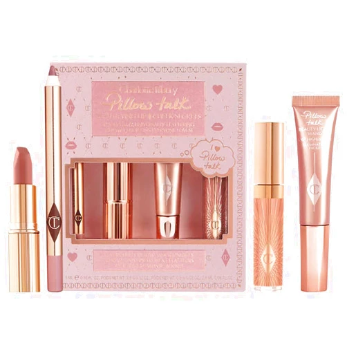 Charlotte Tilbury Pillow Talk Lip Secrets holiday Set - Matte Revolution Lipstick Full Size, Lip Cheat Liner, Collagen Lip Bath Plumper, Jewel Lips Lip Gloss
