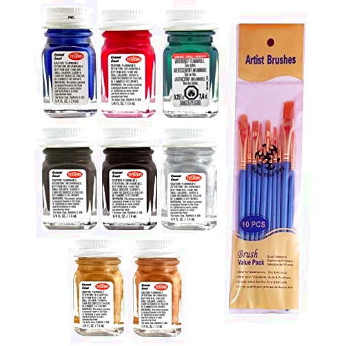 Make Your Day Testors Metallic Enamel Paint Variety, Artic Blue, Graphite Gray, Black, Red, Copper, Silver, Gold, Metal Flake Green, and Thinner 1/4 oz (Pack of 9) Paintbrushes