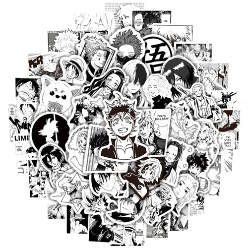 Aoinqx Kids Anime Stickers Mixed Pack, 100pcs Black and White Cartoon Characters Decals Movie Decorative Sticker for Kids Teens Waterproof Stickers for Water Bottle Laptop Luggage Helmet Skateboard Guitar