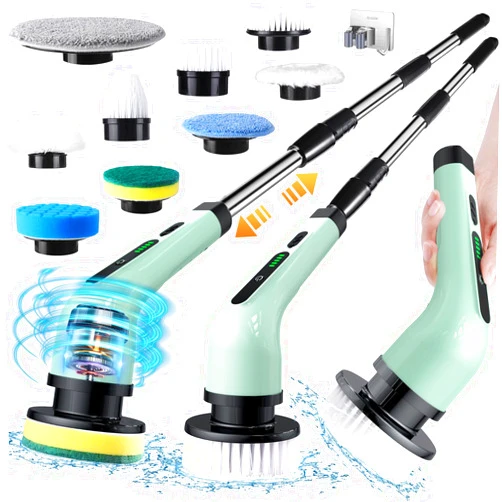Uidducpu Electric Spin Scrubber, Cordless Electric Scrubber for Cleaning Bathroom,Power Shower Scrubber with Long Handle,Electric Cleaning Brush with 9 Brush Heads for Bathroom,Tub,Floor,Kitchen,Window,Car