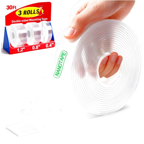 UGNEL 3 Rolls Double Sided Tape Heavy Duty - Total 30FT, Extra Strong Nano Tape Adhesive Strips Filament Tape, Clear Mounting Tape Removable Two Sided Adhesive Tape for Walls, Posters, Rug, Picture Hanging