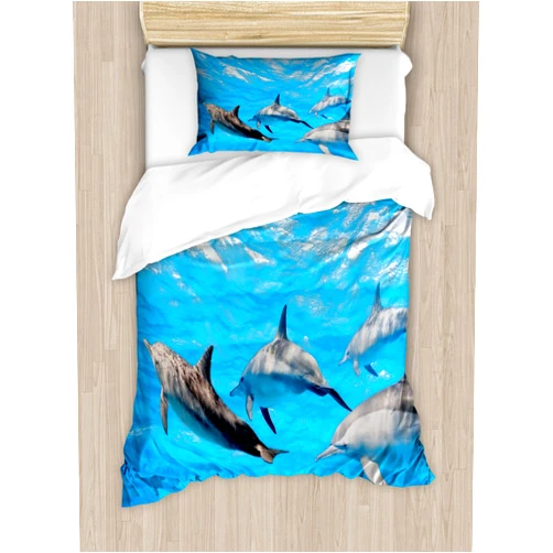 Ambesonne Dolphin Duvet Cover Set, Underwater Photography of Dolphins Happily Swimming Ocean Animal Life Image Print, Decorative 2 Piece Bedding Set with 1 Pillow Sham, Twin Size, Blue Grey