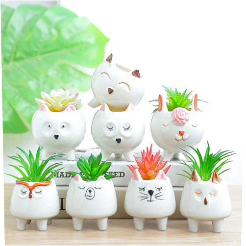 ARTKETTY 8 Pcs Succulent Pots with Drainage, Small Cartoon Animal Planters Ceramic Planter Pot for Indoor Cactus Plants Mini Cute Flower Plant Container for Desk Windowsill Decoration