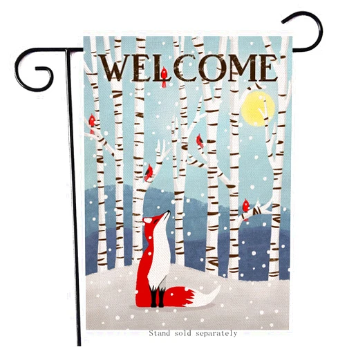 Artofy Welcome Winter Fox Cardinal Home Decorative Garden Flag Red Birds White Birch Trees House Yard, Moon Snowy Outside Decor, Christmas Snow Farmhouse Outdoor Small Decoration Double Sided 12 x 18