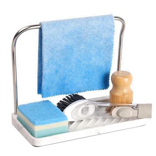 zccz Sponge Holder - Kitchen Sink Organizer Tray Stainless Steel Dish Cloth Hanger Soap Dispenser Brush Holder Caddy, White Marble Look