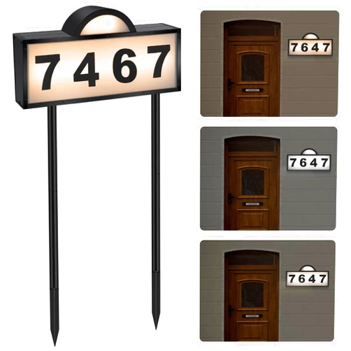Aqonsie Solar House Numbers for Outside, Aqonsie Solar Powered Address Sign, Waterproof Outside 3000K Warm LED & 4500K & 6000K White Illuminated Plaques with 3 Lighting Modes House/Home