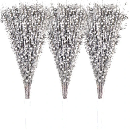 Vitalili 18 Pack Artificial Glitter Berry Stem Ornaments 15.7in Decorative Christmas Picks Glittery Bead Sticks Branches for Christmas Tree Decor DIY Wreath Crafts Home Decor (Silver)