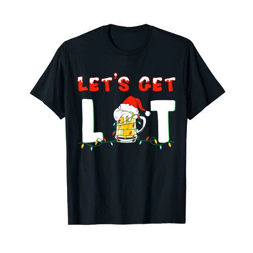 Let's Get Lit Drinking Beer Santa Hat Christmas Lights T-Shirt