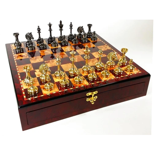 HPL Real Brass Metal Staunton Bridled Knight Chess Set Gold and Black Chrome with Cherry Color Board