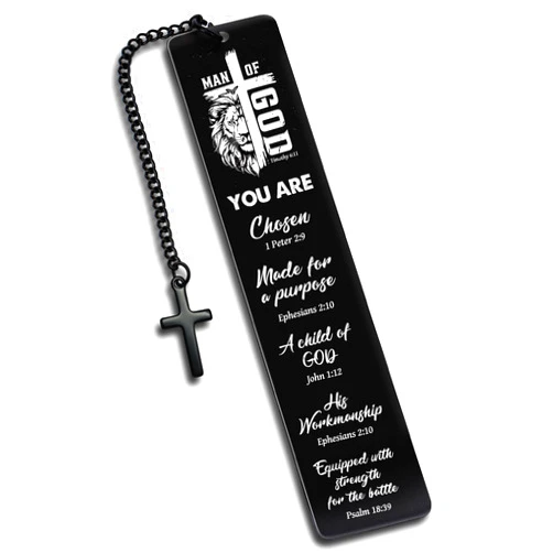 Zaamwoyy Christian Metal Bookmark Man of God, Black Inspirational Lion Bible Verse Book Mark with Cross Pendant, Religious Scripture Bookmarks for Man Accessories Fathers Day Birthday Church Gifts