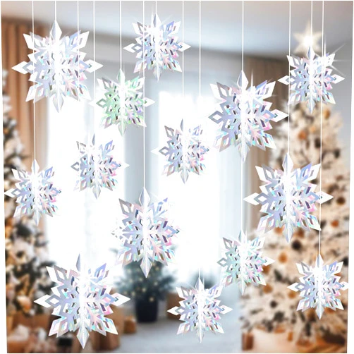 YsesoAi Winter Christmas Hanging Snowflake Decorations 15Pcs, 3D Iridescent Paper Snowflakes Rainbow Snow Flakes Garland for Winter Wonderland Holiday Frozen Christmas Birthday Party Home Decorations