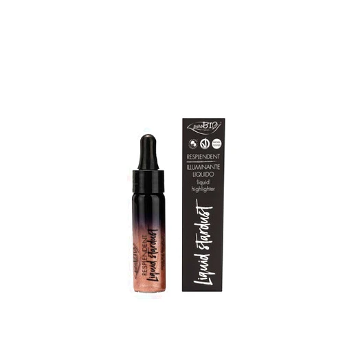 PuroBIO Certified Organic Resplendent Liquid Stardust Face and Body Intense Highlighter 02 Golden Pink. Made with Cornflower Water. Organic. Vegan. Nickel Tested. Cruelty-Free. Made in Italy
