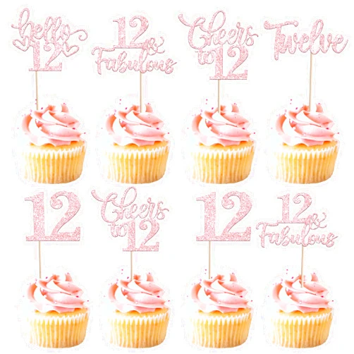 ZHUOWEISM 30 PCS Happy 12th Birthday Cupcake Toppers Glitter Twelve Hello 12 Cupcake Picks 12 & Fabulous Cheers to 12 Years Cake Decorations for 12th Birthday Anniversary Party Supplies Pink