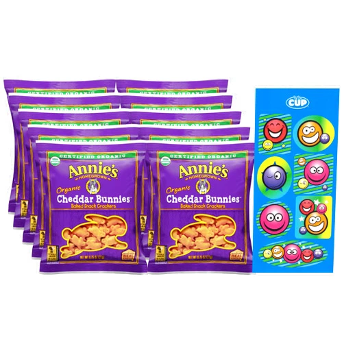 By The Cup Annie's Organic Cheddar Bunnies Crackers, 0.75 oz (Pack of 10) with By The Cup Stickers