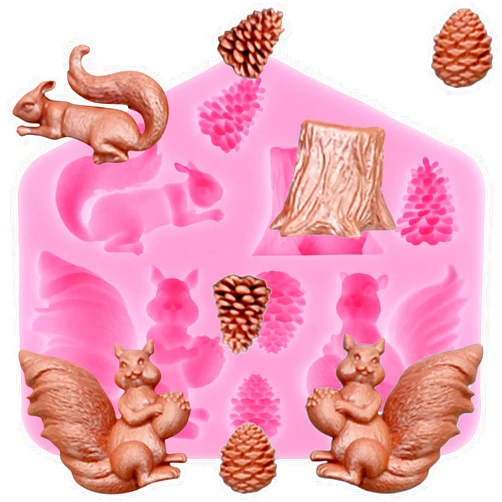 Xmoldnms Squirrel Silicone Molds Pine Cone Tree Trunk Fondant Mold Tree Stump Chocolate Molds for Cake Decorating Cupcake Topper Sugar Craft Candy Polymer Clay Gum Paste