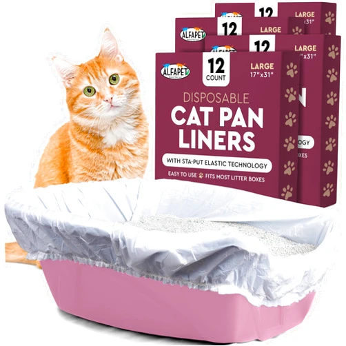 Alfapet Kitty Cat Litter box Disposable, Elastic Liners- 48-count-For Medium and Large, Size Litter Pans- With Sta-Put Technology for Firm, Easy Fit- Quick + Clever Waste Cleaners 4 pack