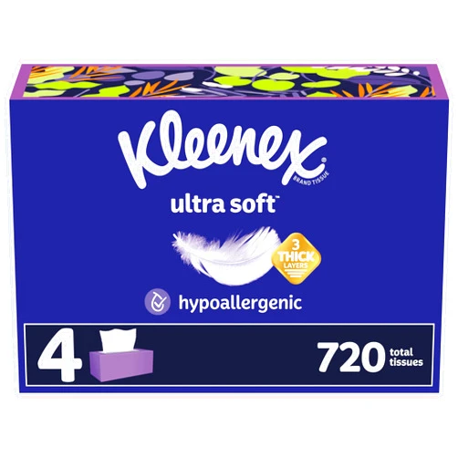 Kleenex Ultra Soft Facial Tissues, 4 Flat Boxes, 180 Tissues per Box, 3-Ply, Packaging May Vary