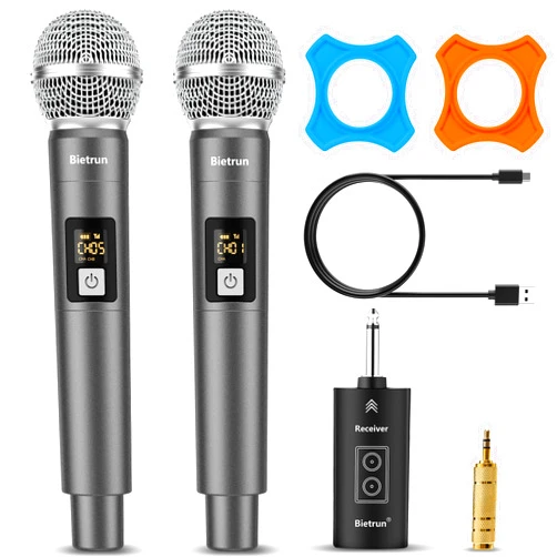 Bietrun Wireless Microphone, UHF Dual Handheld Cordless Dynamic Metal Mic Set with Rechargeable Receiver, 1/4'' Plug Output, for Karaoke, Church, Wedding, Party Singing(98 ft Range)(Auto Connect)