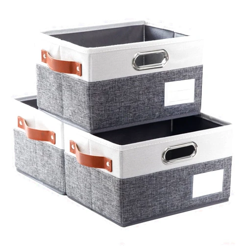 PRANDOM Foldable Storage Bins with Handles [3-Pack] Fabric Collapsible Storage Boxes Baskets Cubes Containers with Handles for Closet Living Room Bedroom (Grey & White 11.5x8.5x6.7'')
