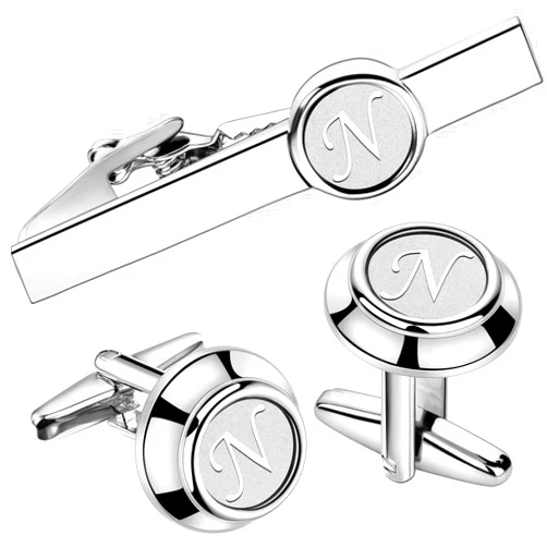 AMITER 26 Letters Tie Clip and Cufflinks for Men, Initial Tie Bar & Cuff Links Set Necktie Clip for Business, Wedding, Anniversary