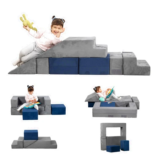 MOOZHEALTH Modular Kids Play Couch, Soft Play Climbing Blocks Convertible Toddlers Sofa and Indoor Playset Foldable Floor Cushion with 2 Ottomans for Playroom Bedroom