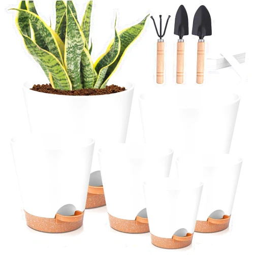 KIYTARBOO Plant Pots Indoor 8/7/6.5/6/5.5/5 Inch, Self Watering Pots for Indoor Plants, Self Watering Planters with Drainage Hole and Saucers, Plastic Flower Pots for Succulents, Cactus, African Violet