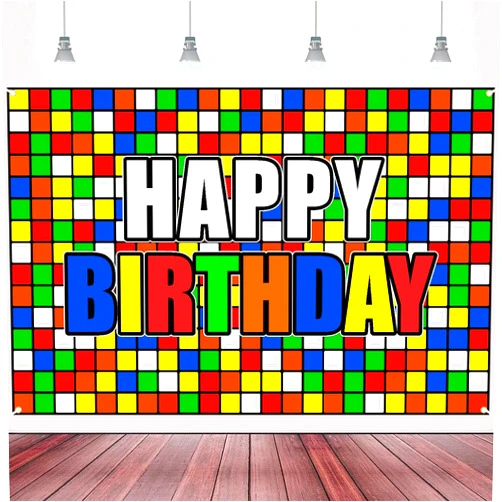 BECKTEN Colorful Cube Birthday Party Backdrop Banner Puzzle Game Themed Wall Decoration Colorful Plaid Block Backdrop for Boys Girls Birthday Party Photo Photography Prop Booth Background 70.9x47.2in-BECKTEN