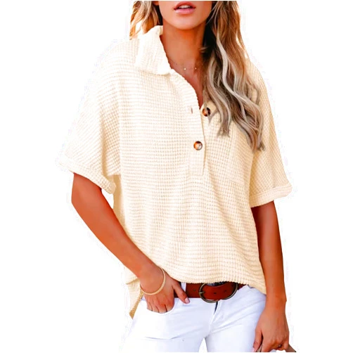 LOAIHA Women's Waffle Knit Shirts Laple Button Down Short Sleeve Henley Shirts Loose Trendy Casual Summer Party Tops