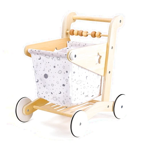 Woodtoe Wooden Baby Walker Doll Stroller | Adjustable Speed Shopping Cart for Toddlers 1-3 | Baby Push Walker - Pretend Play Grocery Cart | Natural Wood Stroller Push Toys for Babies Learning to Walk