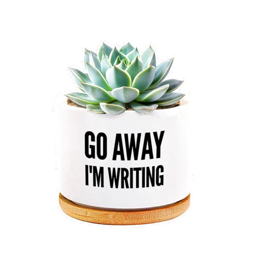 Loovelo Go Away I'm Writing Writer Gifts Ceramic Succulent Plant Pot with Bamboo Tray Round Author Novelist Poet Scriptwriter Journalist Home Office Decor Plant Lover 3.5 Inch White (No Plants)