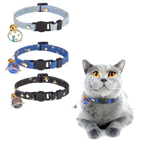 DILLYBUD 3 Pack Breakaway Cat Collars with Bell- Moon and Stars Pendant Cat Collar for Girl Boy Cats with Safety Buckle- Cute Kitten Collar Adjustable 8
