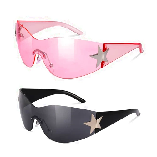 Loraleo 2 Pairs Y2K Sunglasses for Women Men, Trendy Shield Wrap Around Sun Glasses, Rimless Star Sunglasses Oversized Glasses Shades