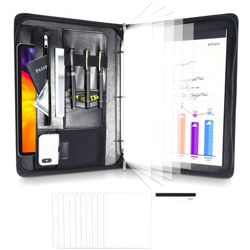 ProCase Portfolio 3 Ring Padfolio Folder Organizer, PU Leather Business Planner A4 Notepad Zipper File Binder Clipboard Removable Document Sleeve for Resume Interview Meeting -Black