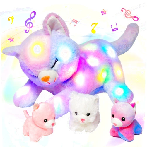 Hopearl LED Musical Stuffed Cat Lighting Up Singing Plush Toy Playset Mommy Cat with 3 Baby Kittens in her Tummy Lullaby Animated Soothe for Mom Kids Toddler Girls, Rainbow, 18''