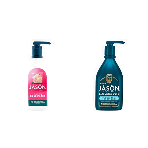 JASON Natural Body Wash & Shower Gel, Invigorating Rosewater, 30 Oz & Men's Hydrating 2-in-1 Face & Body Wash, 16 oz