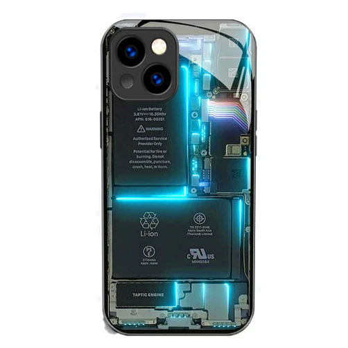 XAVIBEETAG Tempered Glass Metal for iPhone 14 Case 6.1 Inch for Boys Cool Men, Fashion Street Phone PCB Battery Back Design Compatible with iPhone 14 6.1 Inch Cases（Blue）