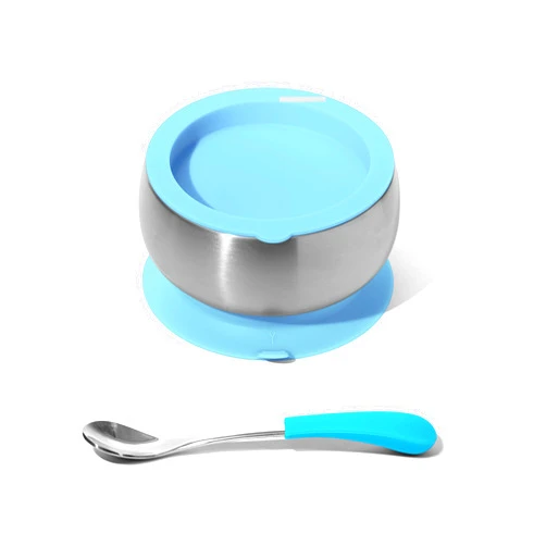 Avanchy Infant Stainless Steel Silicon Suction Bowl & Infant Spoon - Suction Bowls with Lids - Silicon Suction - Stay Put Bowl (Blue) Blue Infant