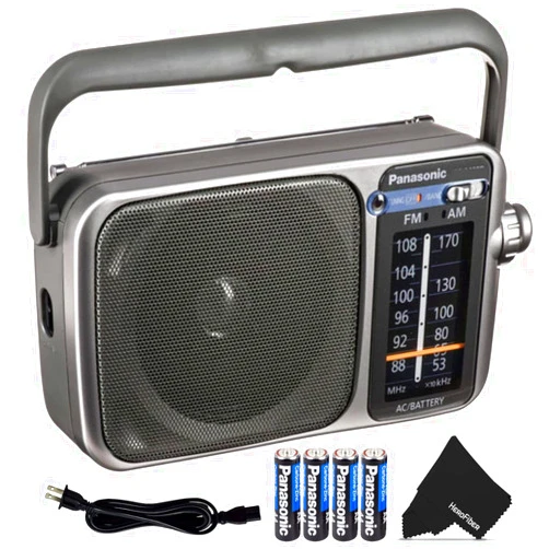 HeroFiber Panasonic Portable Radio AM/FM Battery Powered Electric with LED Tuning Indicator | 5 Core Radio, Best Sound and Reception, Small Size, Plug Option | Includes 4 AA Batteries and Cleaning Cloth
