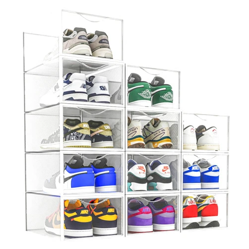 Seseno 12 Pack Shoe Storage Bins, Clear Plastic Stackable Shoe Organizer for Closet, Space Saving Foldable Shoe Rack, Shoe Box Sneaker Holder Container