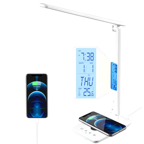 poukaran LED Desk Lamp with Wireless Charger, USB Charging Port, Office Table Lamp with Clock, Alarm, Date, Temperature for Home Office, White