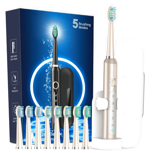 Rtauys M5 Electric Toothbrush for Adults - Sonic Electric Toothbrush for Kids and Adults with 8 Brush Heads & Travel Case, 120 Days Battery Life - Champagne Gold