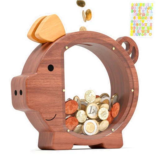 Summidate Wooden Piggy Bank for Boys, Large Unbreakable Money Bank for Kids Adults, Bills Coin Change Money Saving Money Jar Personalized Present for Birthday Christmas& Decor