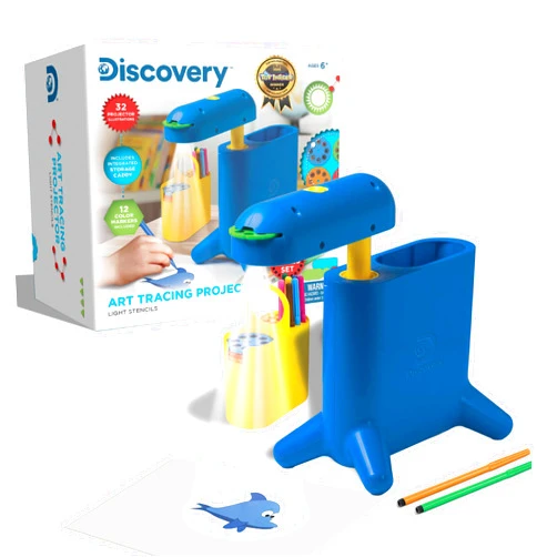 Discovery Kids Art Tracing Projector Kit for Kids, 32 Stencils and 12 Markers Included, Easy Portable Learn to Draw Sketch Machine
