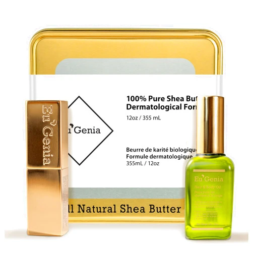 Eu'Genia Shea Face, Lip & Body Shea & Moringa 3-PC Gift Set – Hydrating Lip Balm, Nourishing Body Oil, 12oz Dermatological Shea Butter – Natural Skincare