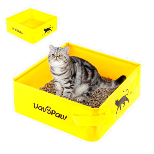 VavoPaw Portable Cat Travel Litter Box with Handles, No Leakage Portable Cat Litter Box, Open Cat Litter Pan for Outdoor Camping Fit Medium Cats and Kitties, Sturdy and Easy to Clean, Yellow