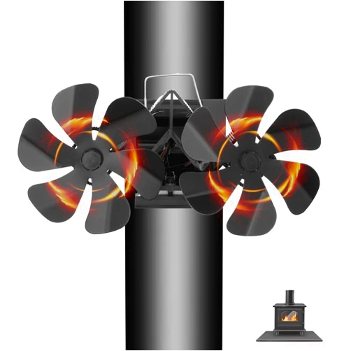 Lioaeust Boost Heat Distribution With Double Head 12 Blade Fireplace Fan, Mini Flue Pipe Hanging Fireplace Air Blower for Wood Fireplace Silent Indoor Stove