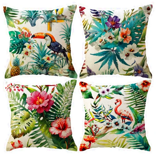 ULOVE LOVE YOURSELF Home Decorative Throw Pillow Covers Flamingo Pattern&Tropical Flower Leaves Farmhouse Summer Cushion Covers 18 X 18 Inch,4 Pack